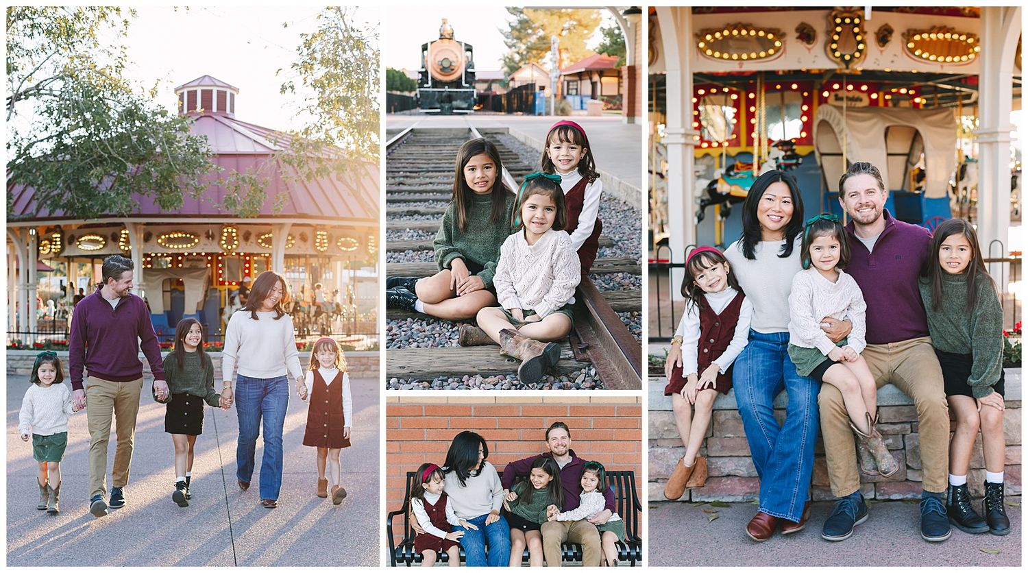 Family portrait session at a carousel park with parents and children posing together in coordinated fall outfits.
