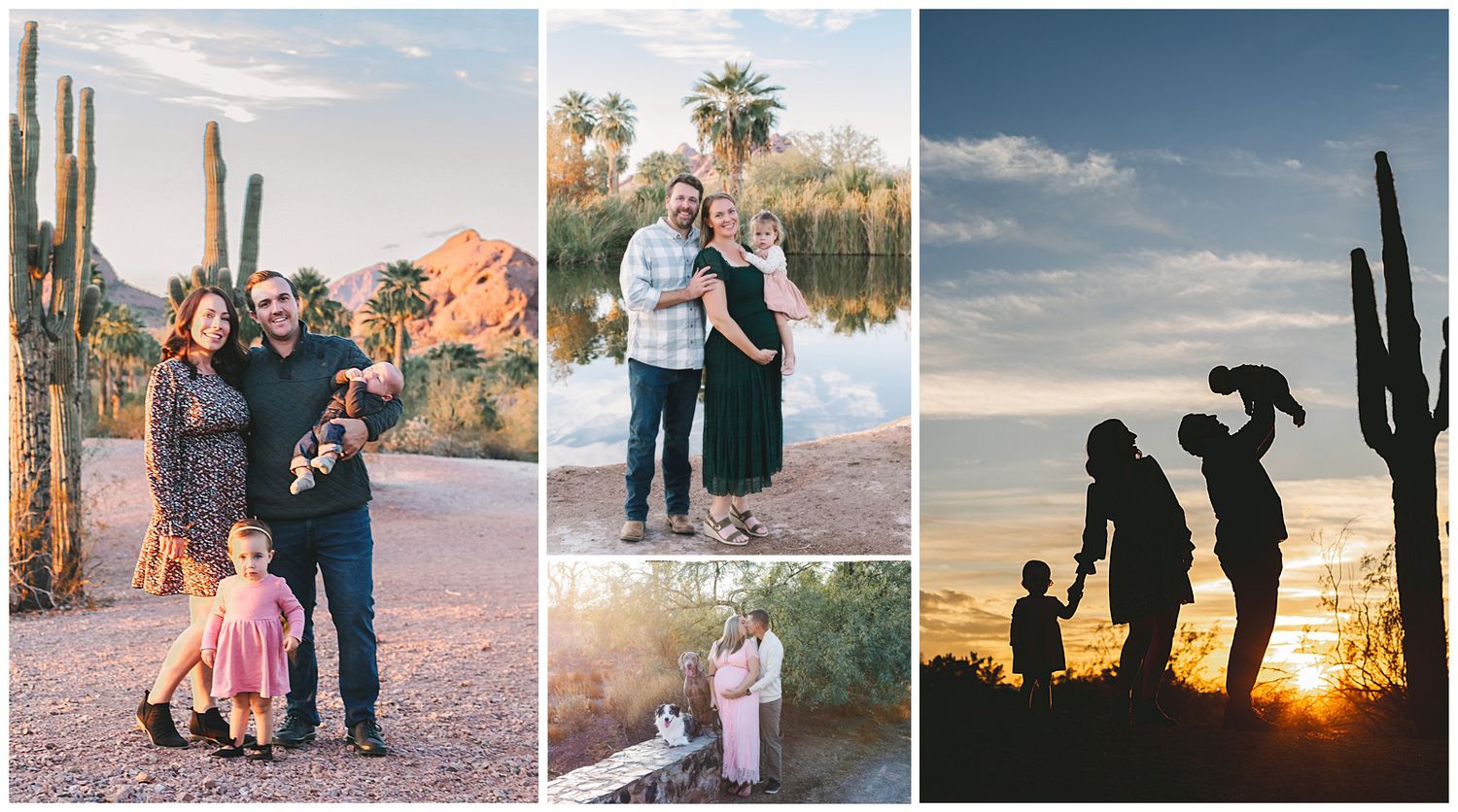 Family portrait session in Arizona desert with saguaro cacti, featuring parents and children at golden hour sunset.