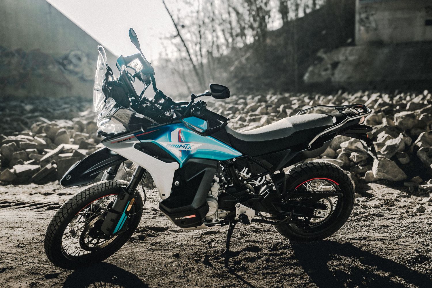 CFMOTO motorcycle photographed in Amsterdam with cinematic urban lighting and detailed composition.