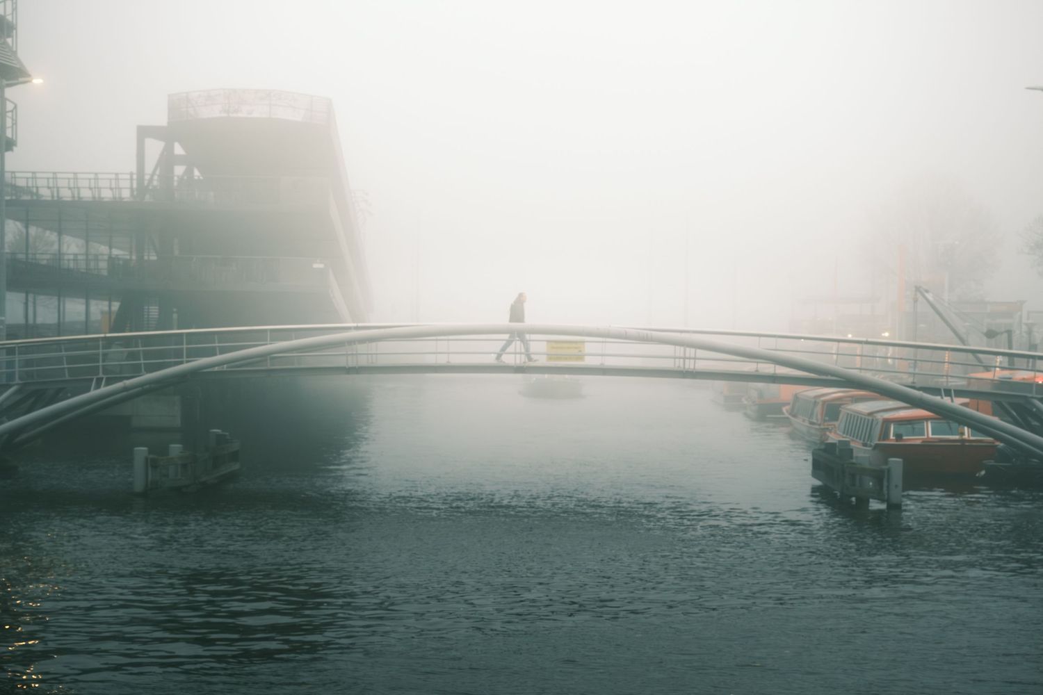 Morning mist in Amsterdam capturing soft light, quiet streets and a cinematic urban atmosphere.