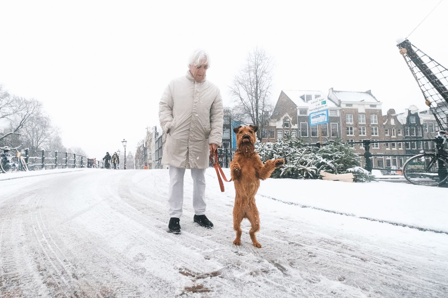 Snowy street photography in Amsterdam capturing the city covered in snow with soft light and a quiet winter atmosphere.