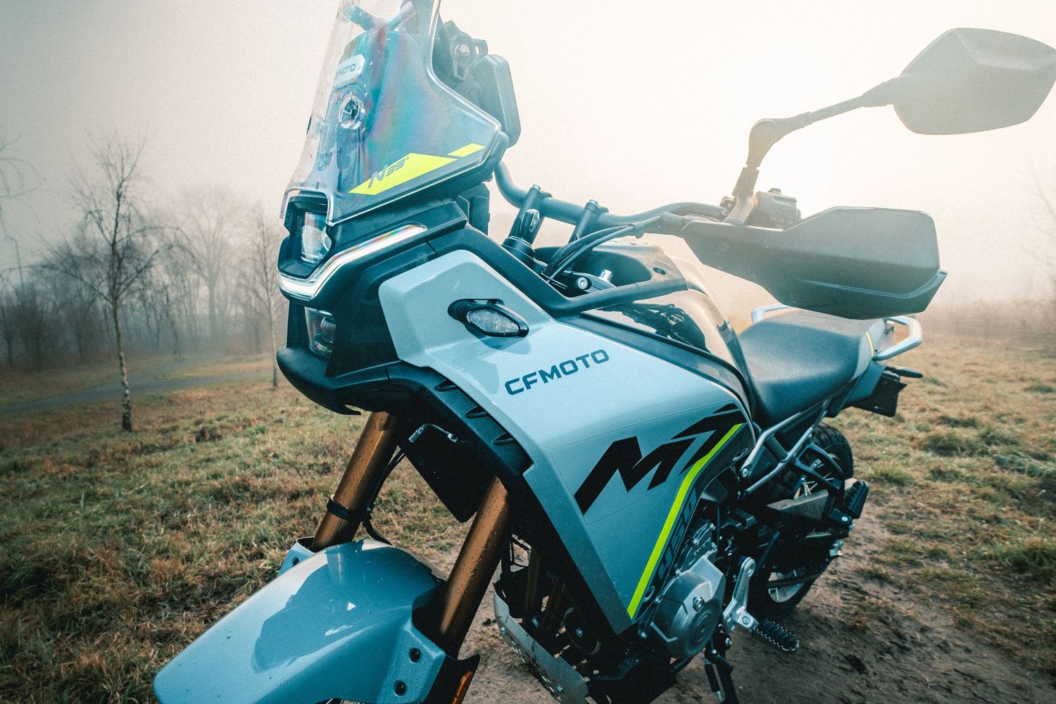 CFMOTO motorcycle photographed in Amsterdam with cinematic urban lighting and detailed composition.