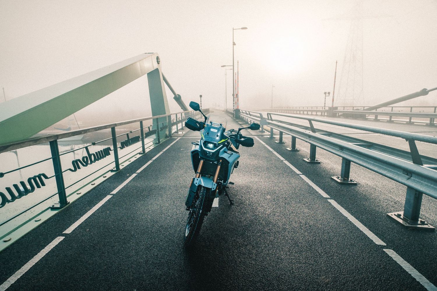 CFMOTO motorcycle photographed in Amsterdam with cinematic urban lighting and detailed composition.