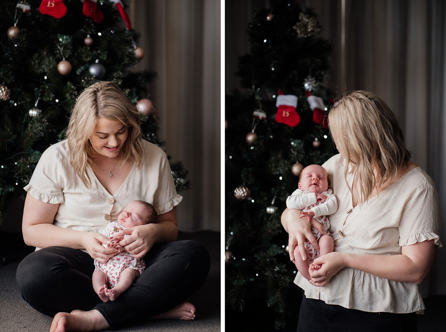 mum and baby girl by christmas tree