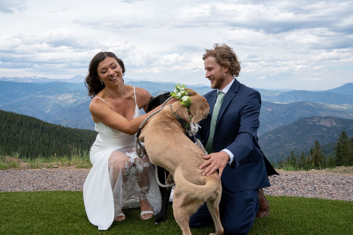 two newly weds with their dog during a wedding shoot
