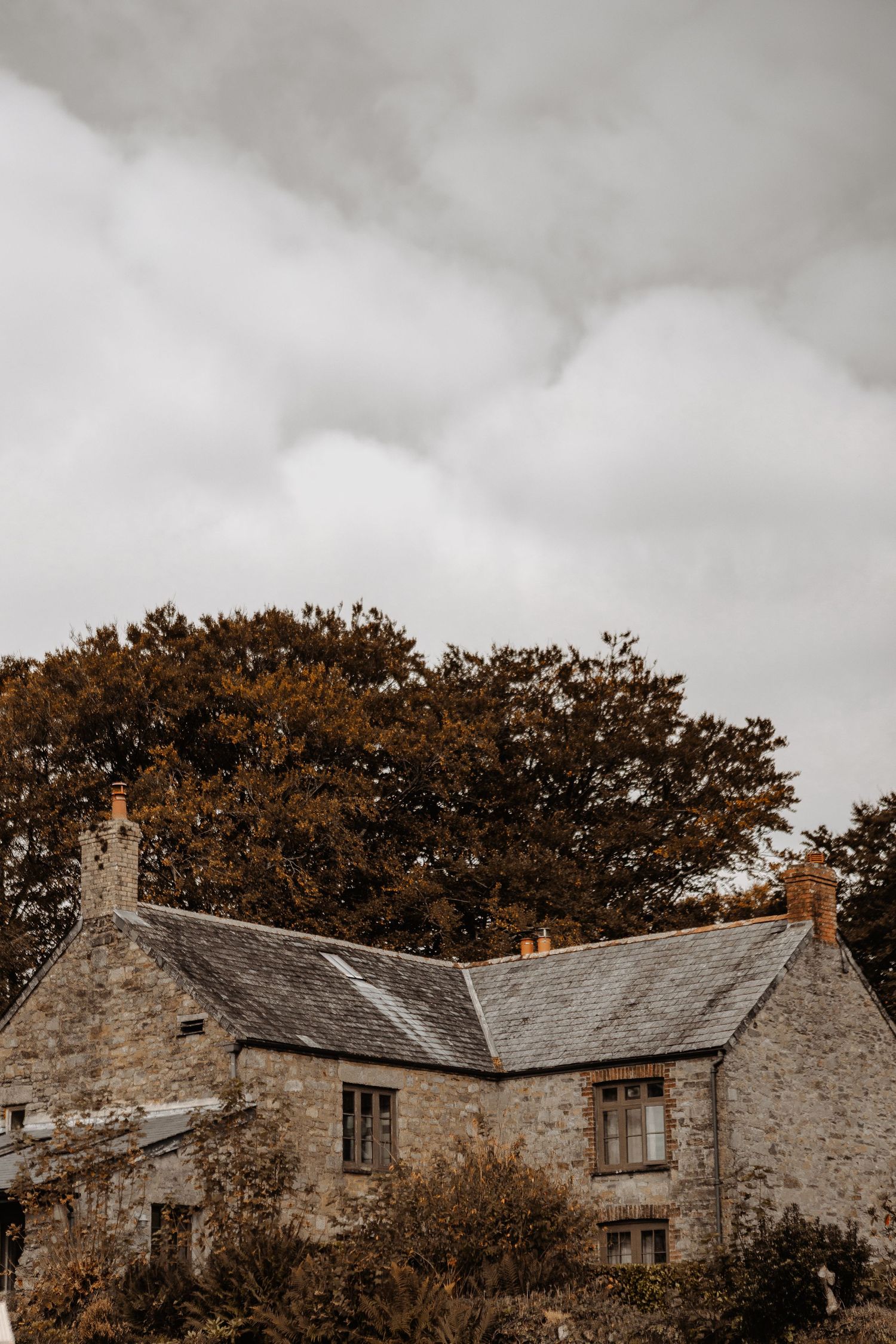 Stone cottage with rustic architecture and brown trees against moody cloudy sky in sepia tones.