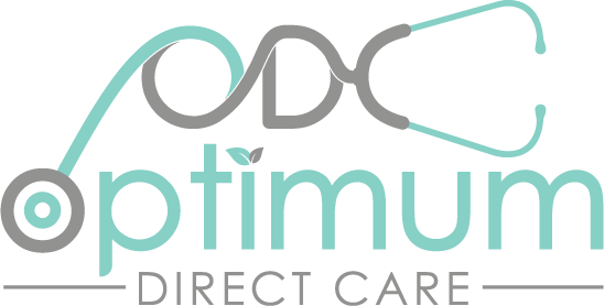 A modern healthcare logo design featuring teal and gray text with curved line accents for Optimum Direct Care.