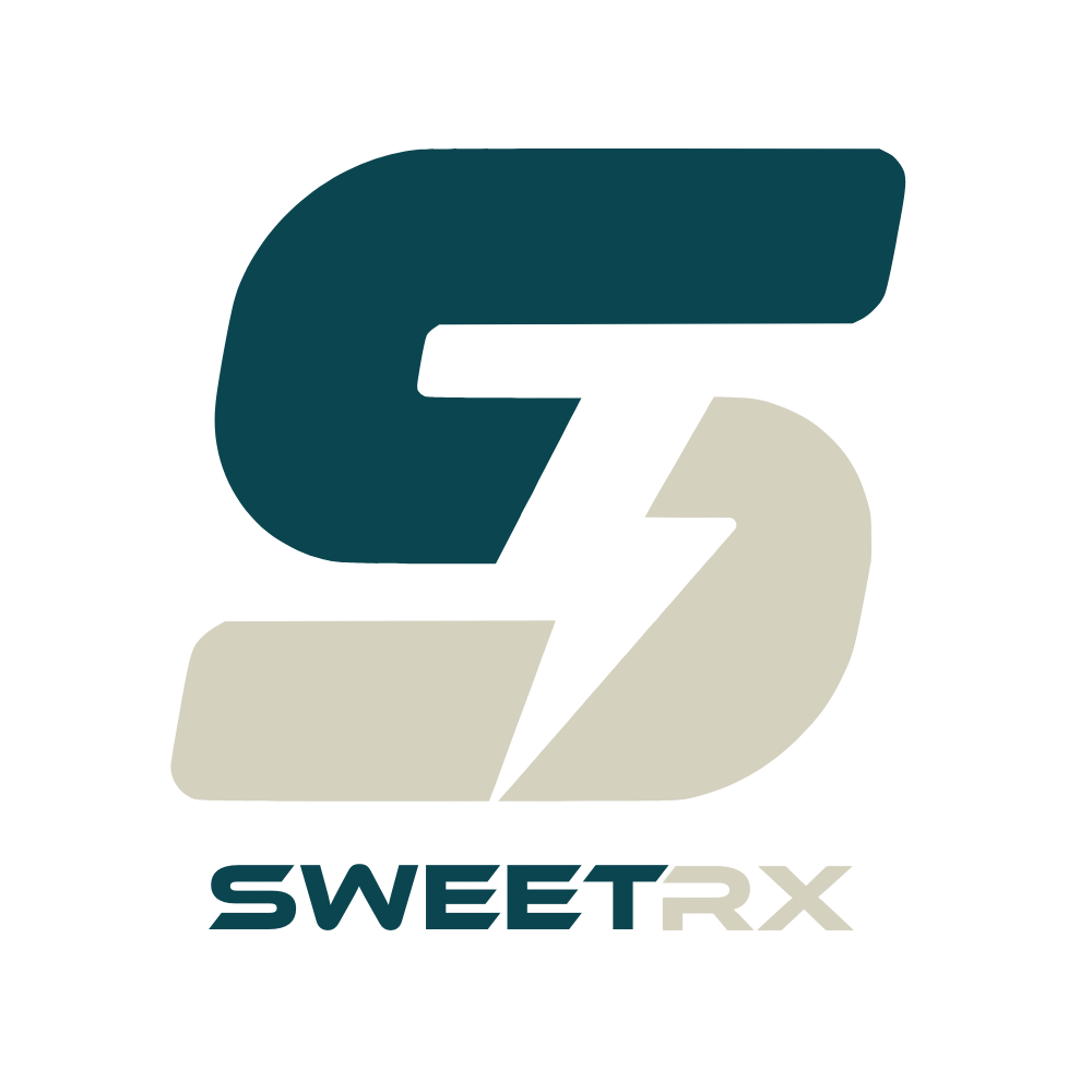 White and teal SweetRX logo design with modern typography and branding elements on light background.