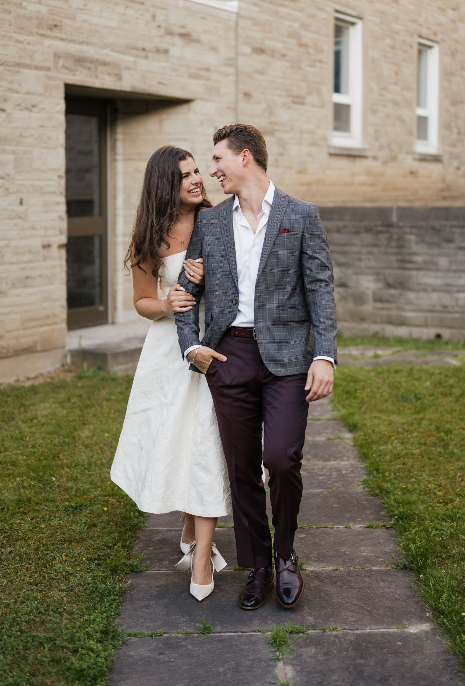 Couples portrait during engagement shoot at Tyndale University Ontario
