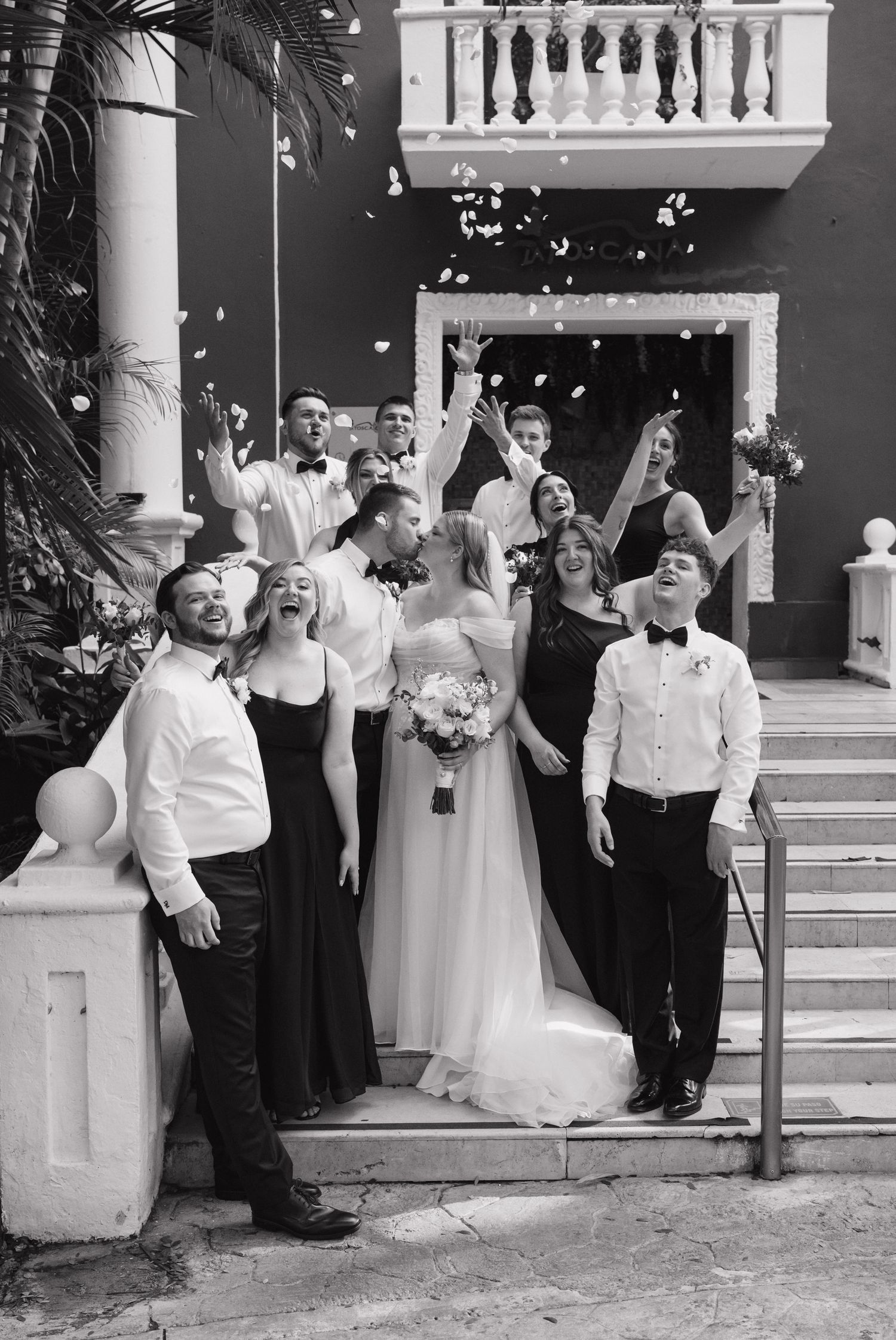 Bridal Party on stairs for a destination wedding in Mexico Sandos Eco Resort