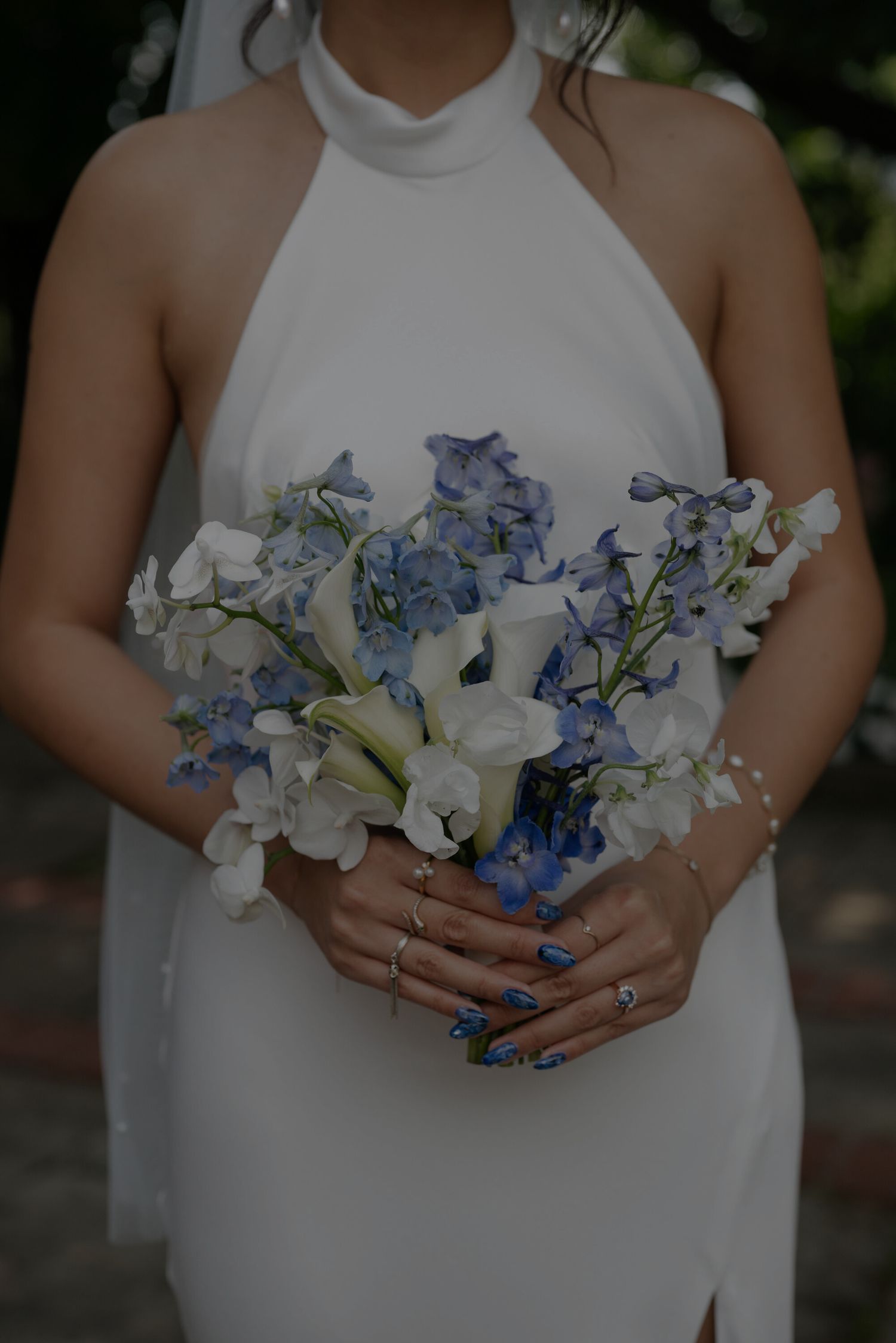 Blue wedding florals at Graydon Hall Manor, Toronto