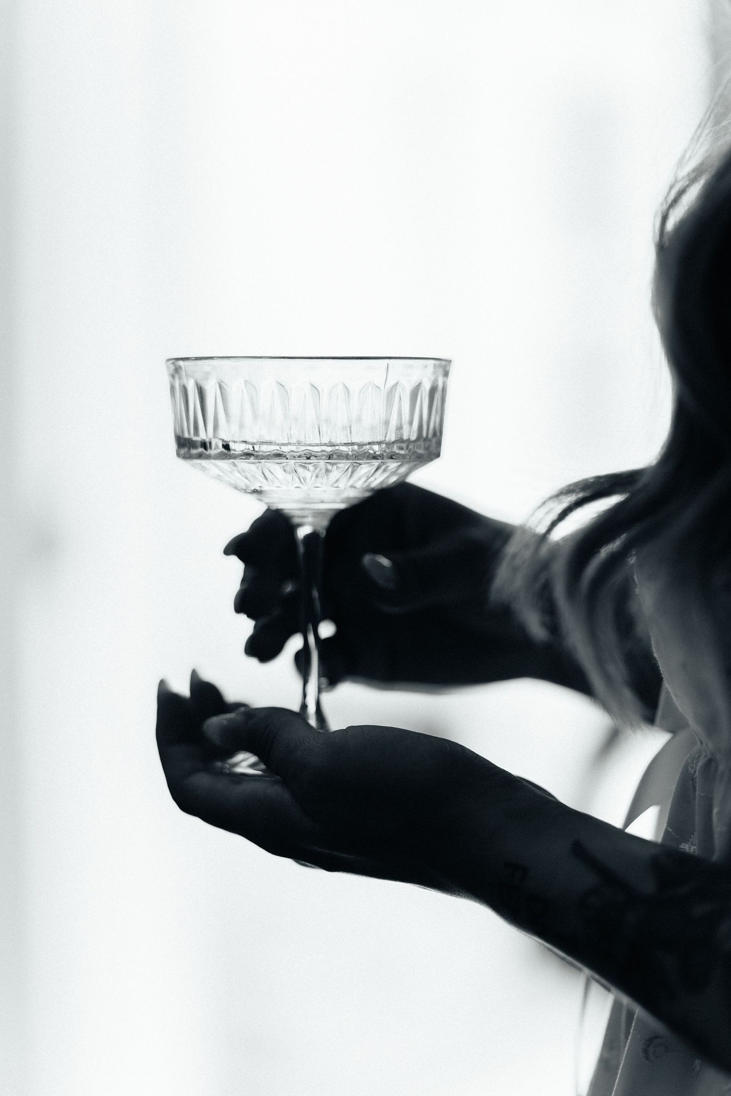 Artistic black and white silhouette of hands holding crystal glassware.