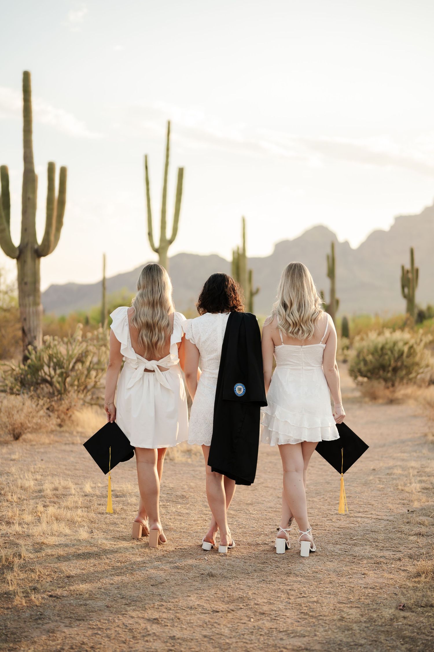 Friends walking away from camera showing graduation stoles against desert landscape.