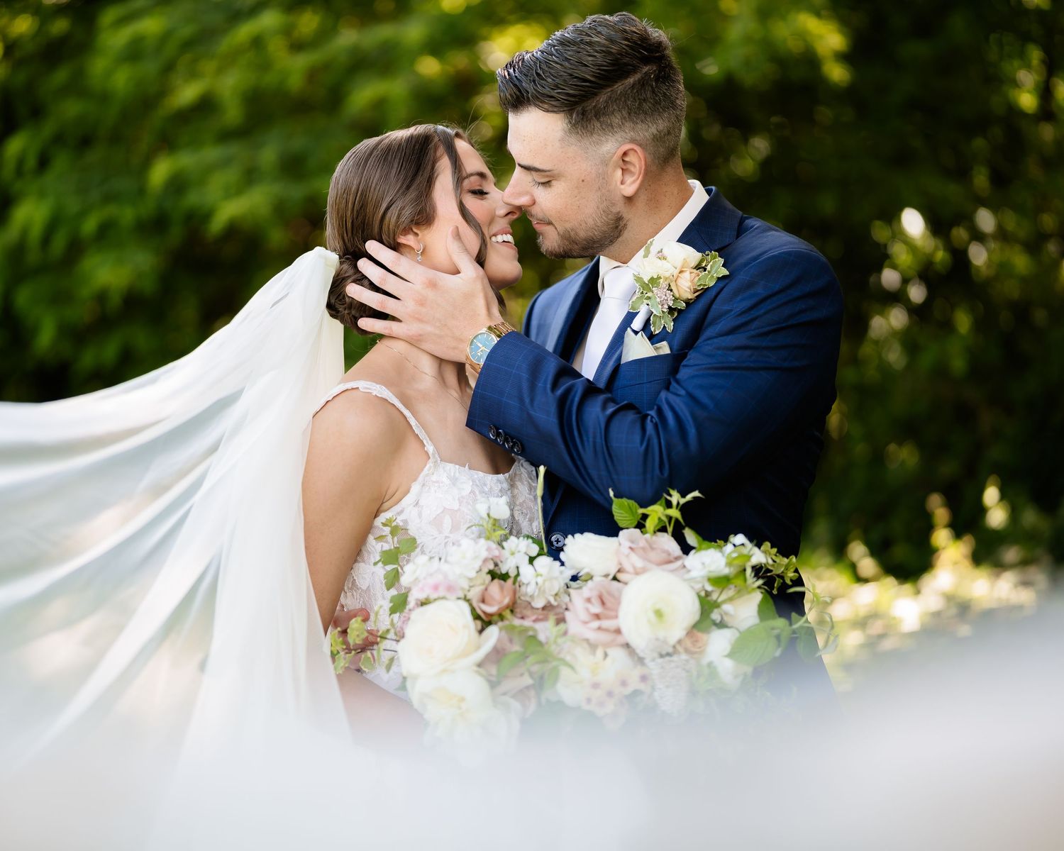 A romantic wedding photo collage showing newlyweds embracing and kissing in a lush outdoor garden setting with flowing veil.
