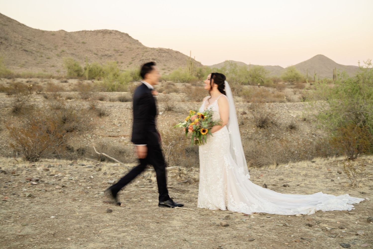 Bride and groom silhouettes walking through desert landscape at sunset.