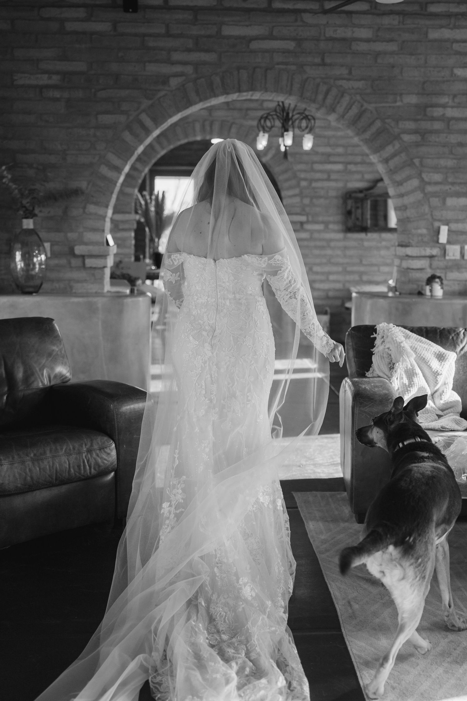 Black and white photo of a bride in a lace gown and veil standing near a dog inside a rustic stone interior.