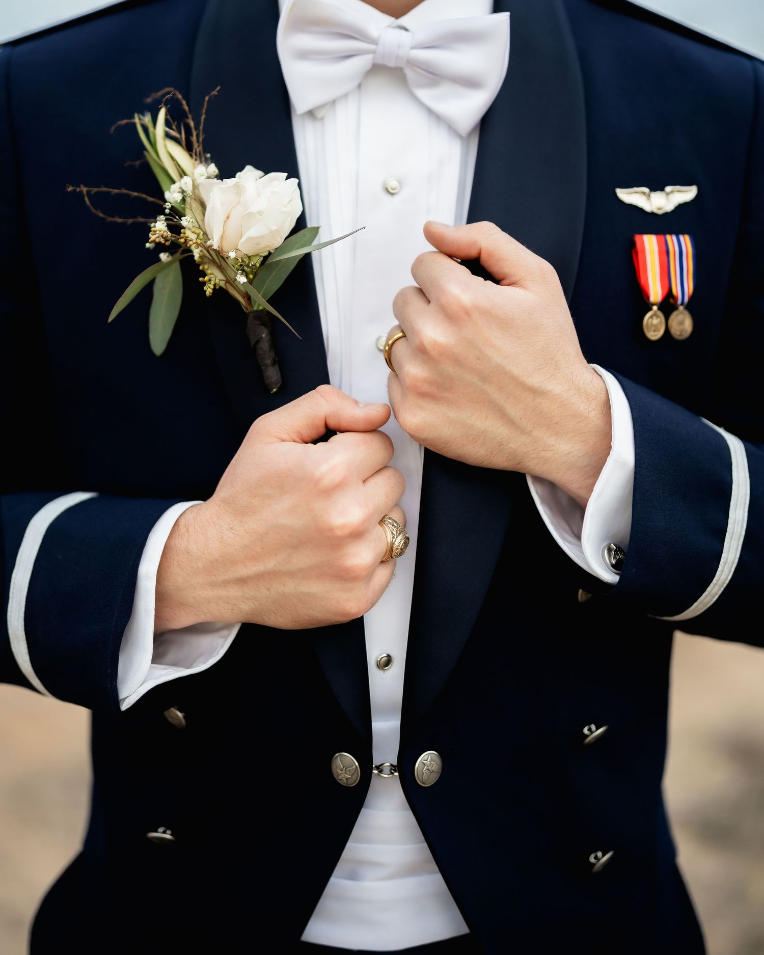 Collection of cropped photos showing close-ups of tuxedo jackets with bow ties and floral boutonnieres.