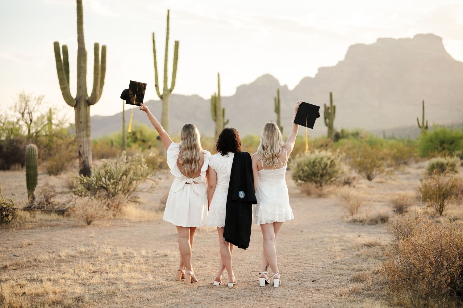 Desert landscape with saguaro cacti and mountains at graduation photoshoot.