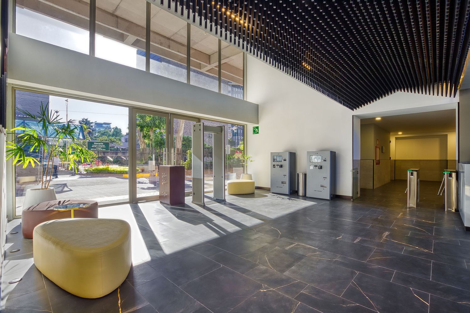 Fotografia de arquitectura en Guatemala. Arquitectura institucional. Fotografia comercial. Edificio. Vestibulo. Doble altura. Ventanal.