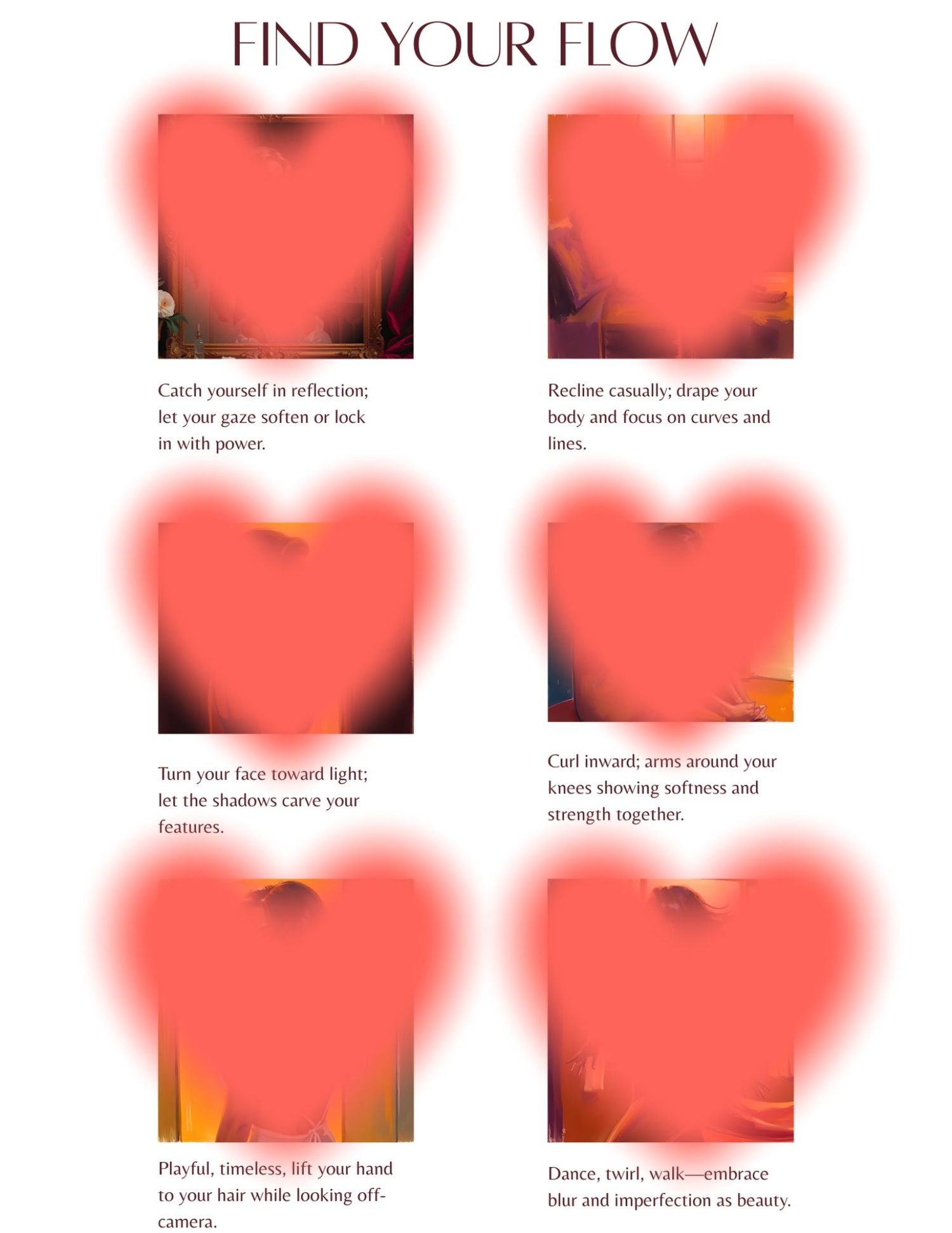 A series of pink and coral colored abstract art pieces arranged in a grid layout showing flow and movement patterns.