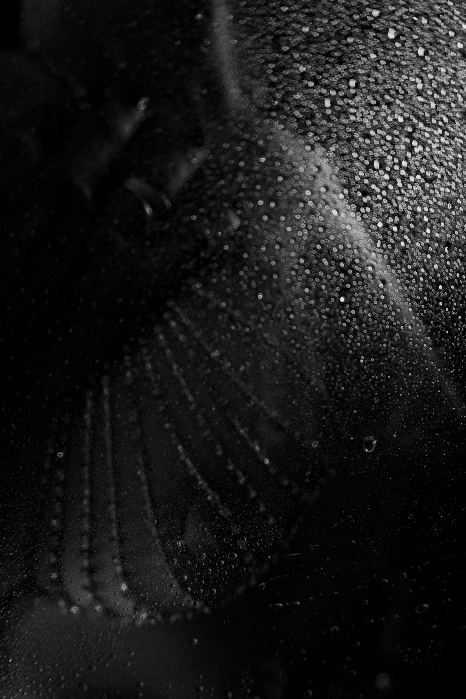 Abstract black and white close-up of water droplets creating a moody, atmospheric texture on a dark surface.