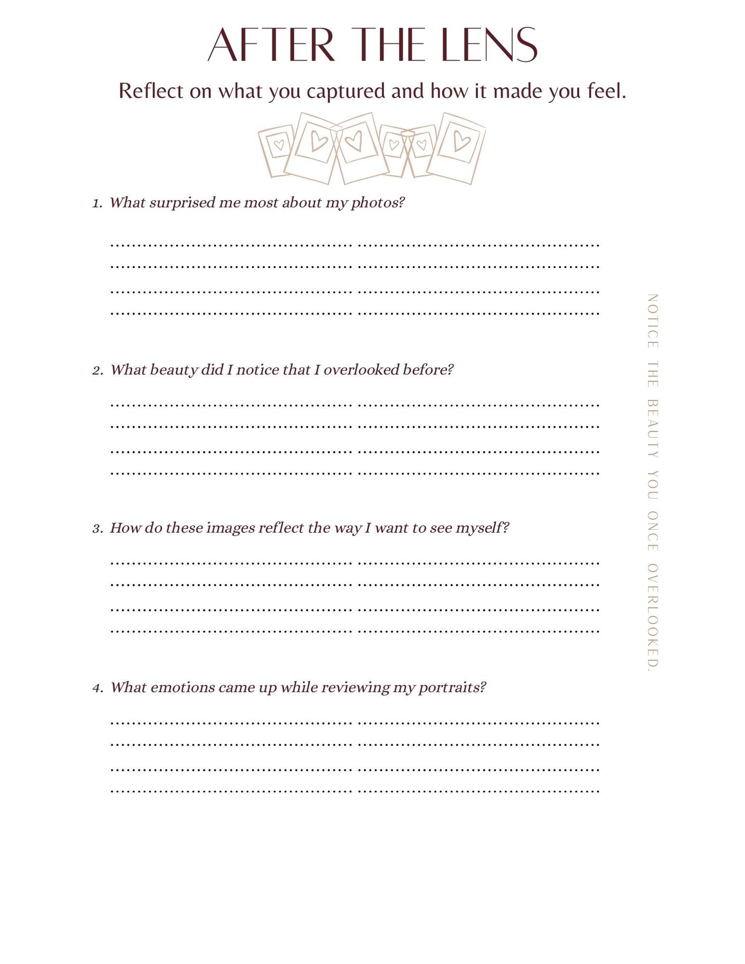 A blank reflection worksheet titled 'After the Lens' with numbered lines for writing about photography experiences.