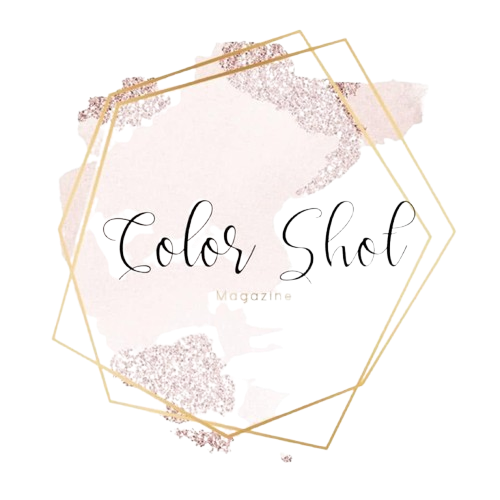 Color Shot Magazine logo with gold geometric hexagon frame, pink watercolor brush stroke, and glitter accents.