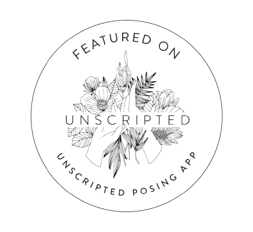 Circular badge reading Featured On Unscripted Posing App with botanical illustration in black and white.