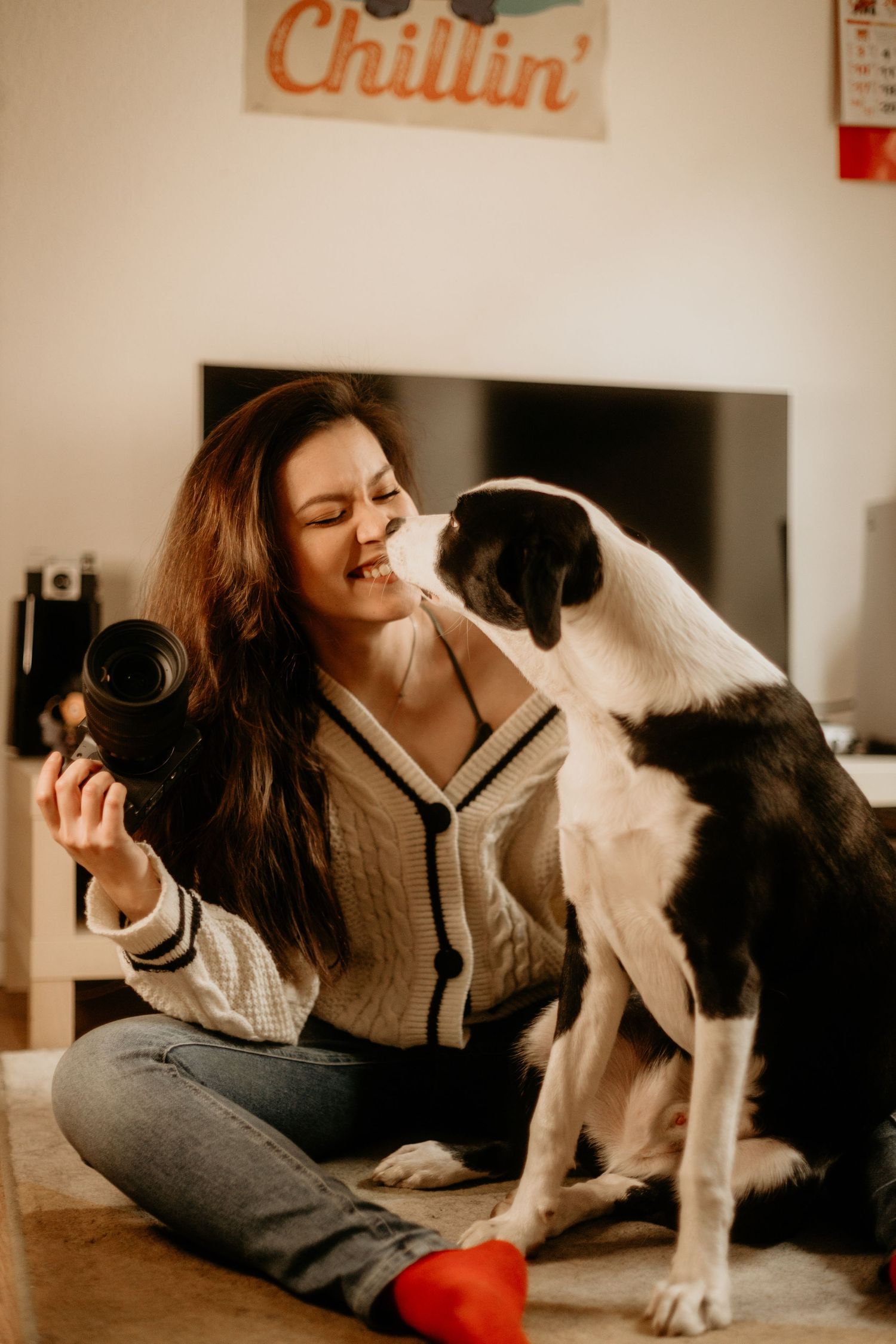 Celala, photographe mariage et canin à Clermont-Ferrand Auvergne Rhône-Alpes, partage un instant complice avec son chien Vito en intérieur.