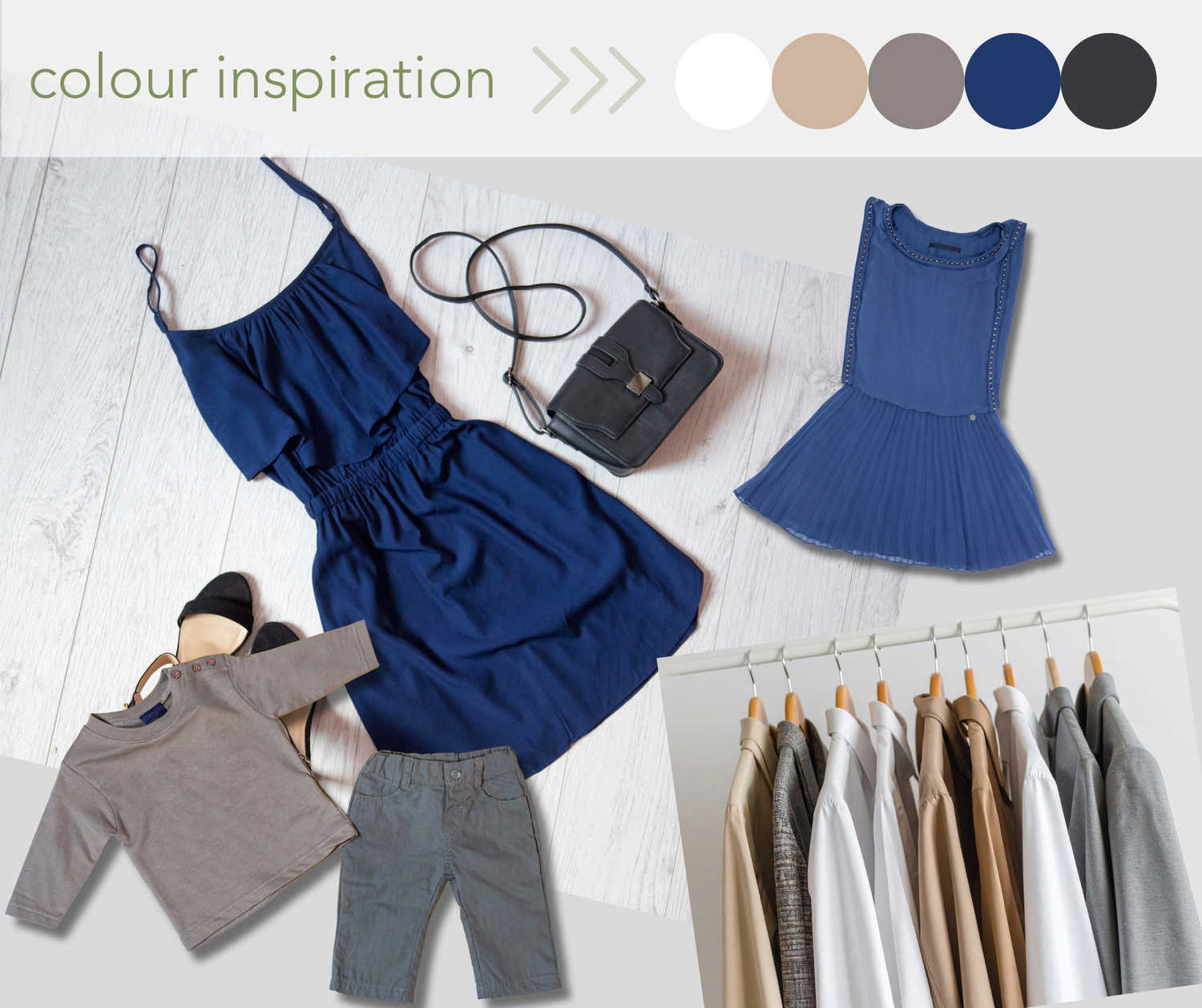 Clothes laid out for a photoshoot in blues, greys and browns - Kelly Chapman Photographer Perth - Kelly Chapman Photographer Perth