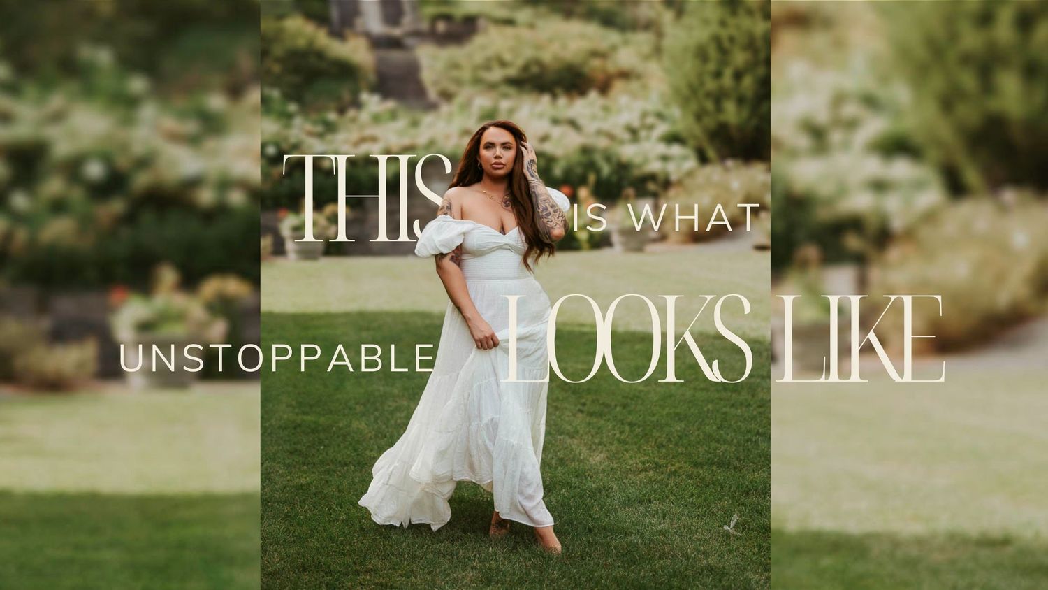 A bride in a flowing white gown runs joyfully across a lush green lawn on her wedding day.
