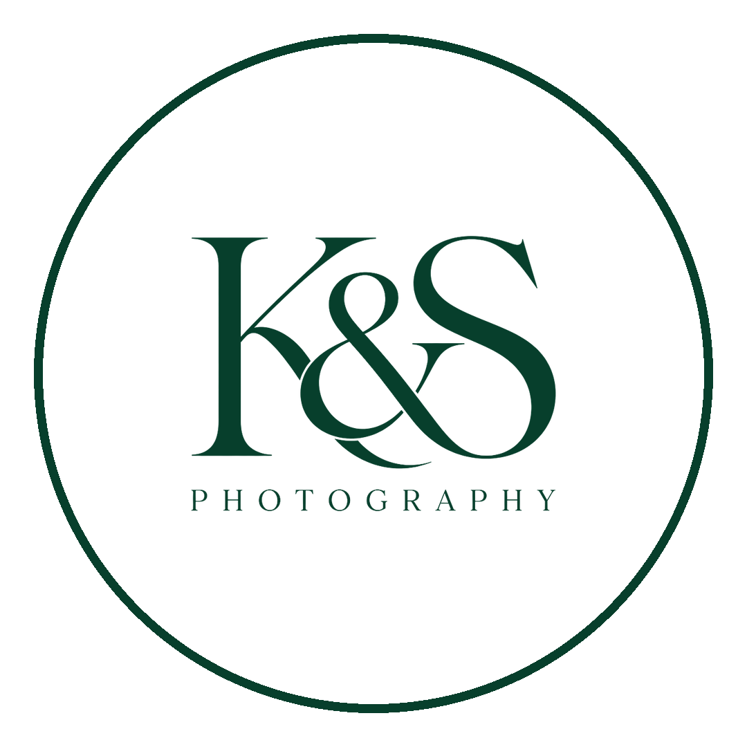K&S Photography logo in dark green serif font inside a circle on white background.