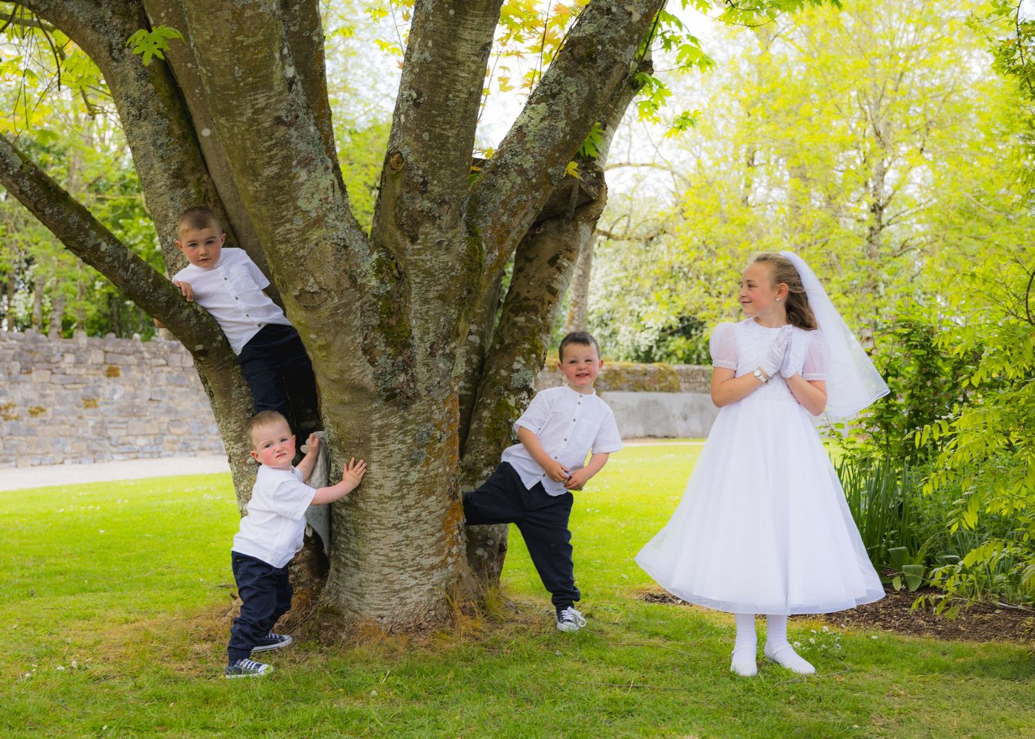 A group gathers around a large tree trunk in a sunny garden setting, with a person in a white dress standing nearby.