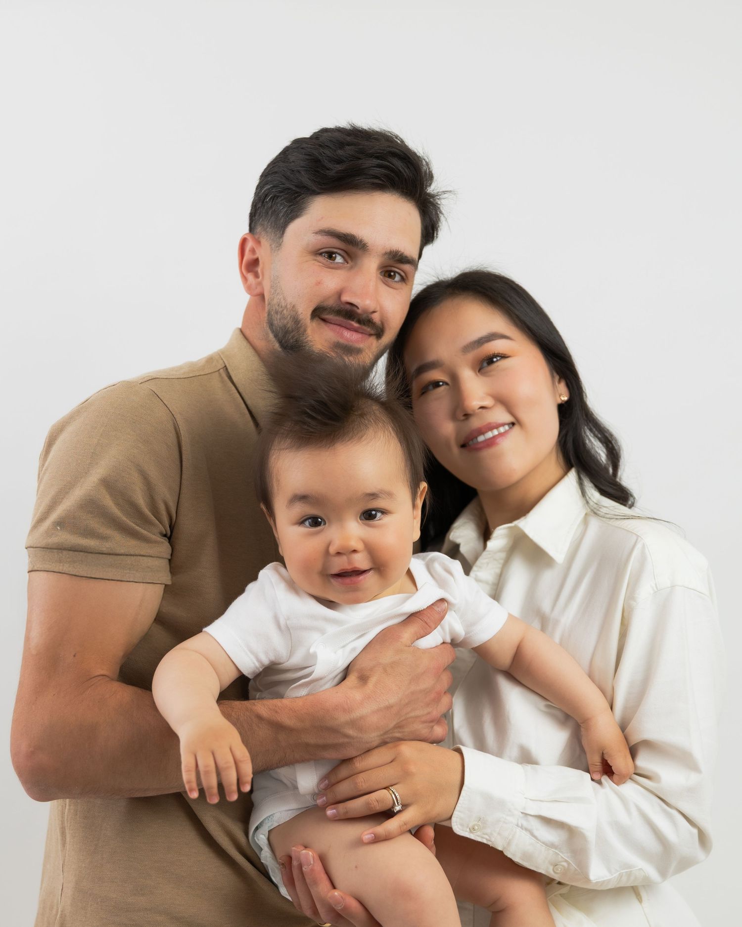 Candid family photo series showing joyful interactions against white background.