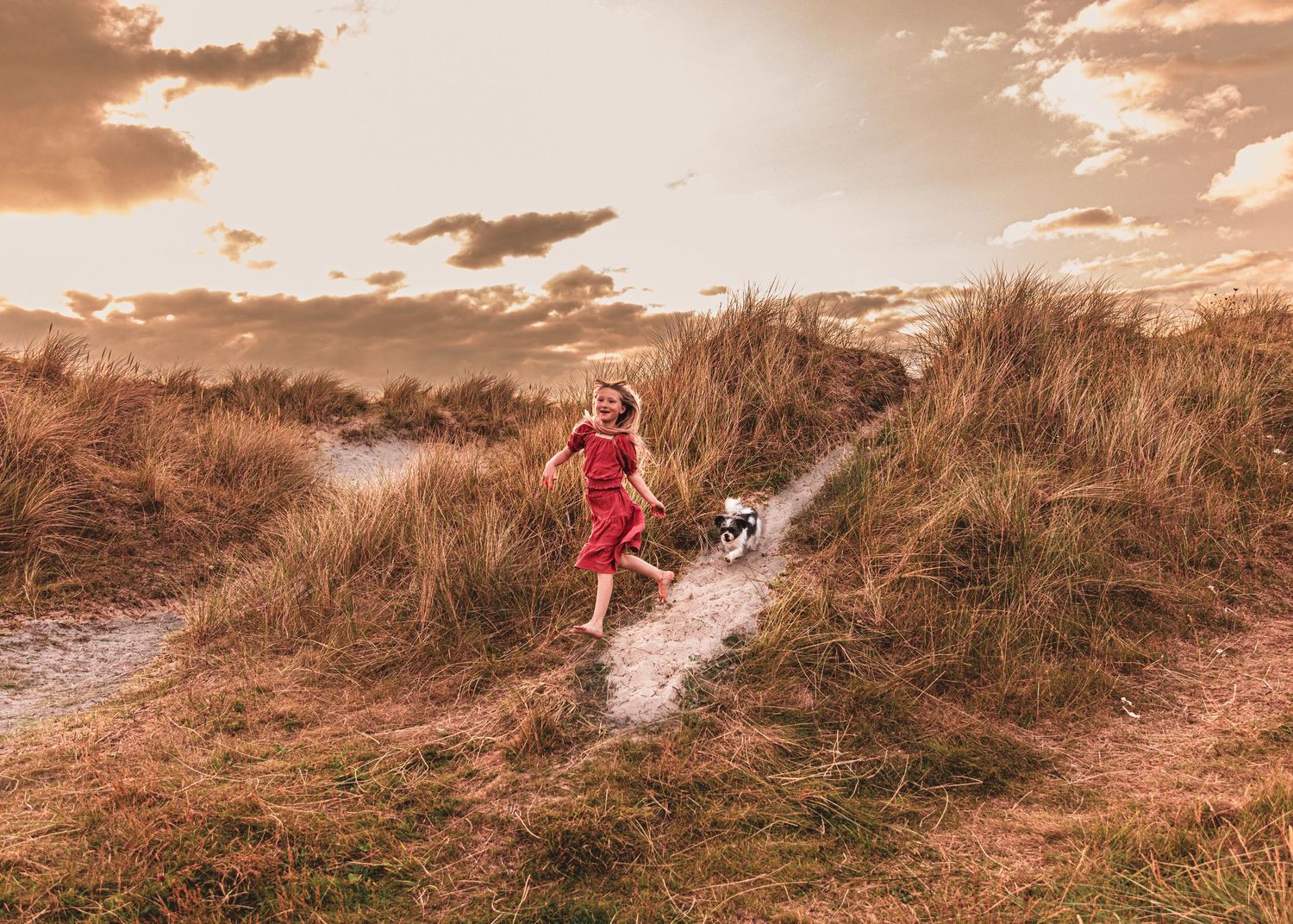 Group walking along winding sandy path through beach grass at dusk.