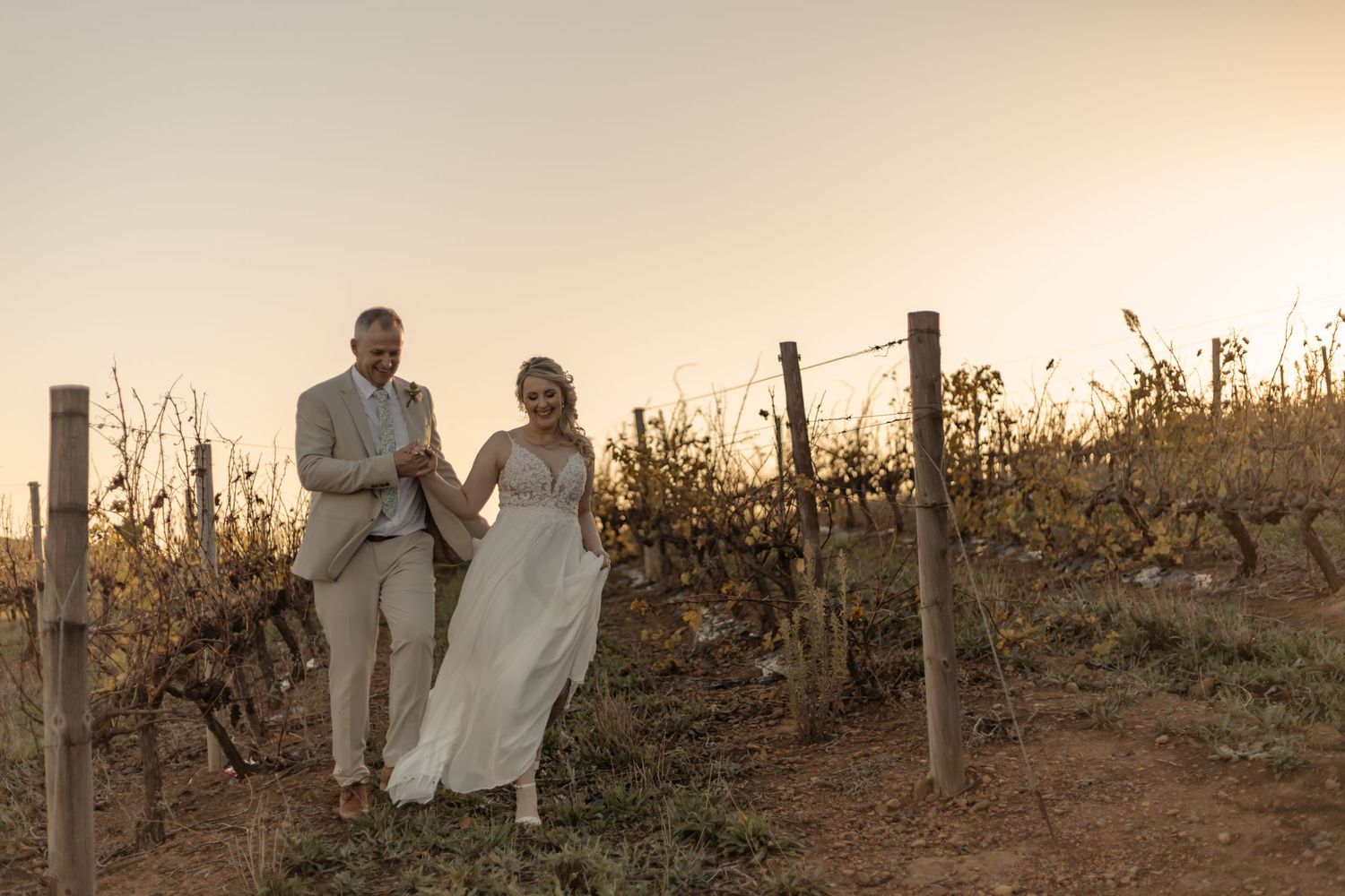A couple in wedding attire walks together at sunset through a scenic vineyard with rustic wooden posts and vines.