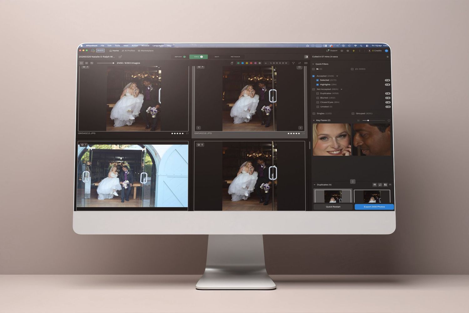 A desktop computer monitor displaying wedding photo editing software with multiple bride and groom images in a dark UI.
