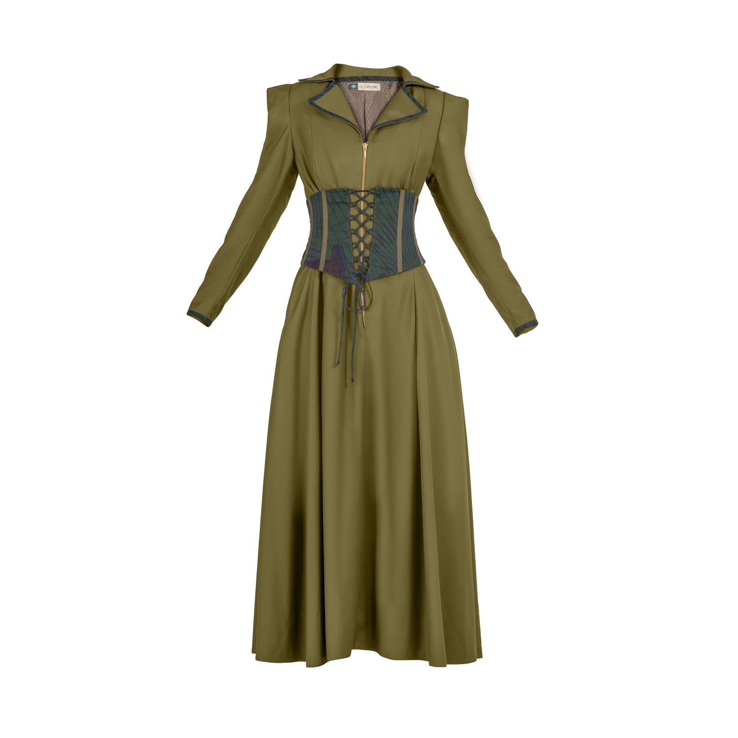 Vintage-style olive green dress with long sleeves, corset waist detail and full-length skirt with front zipper closure.