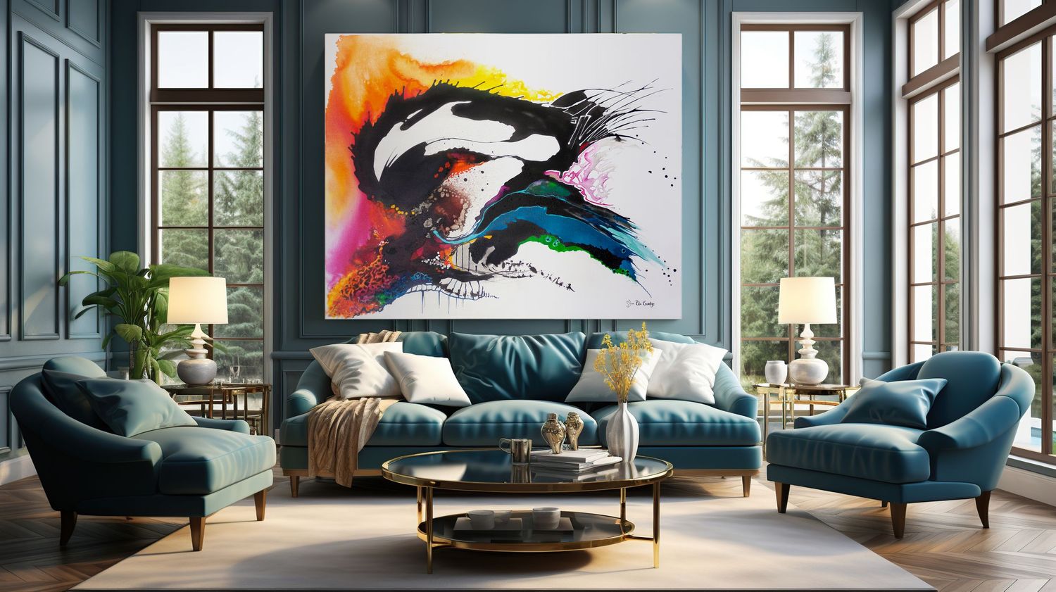 Modern living room with teal velvet sofas and large abstract colorful artwork featuring black and blue brushstrokes on white wall.