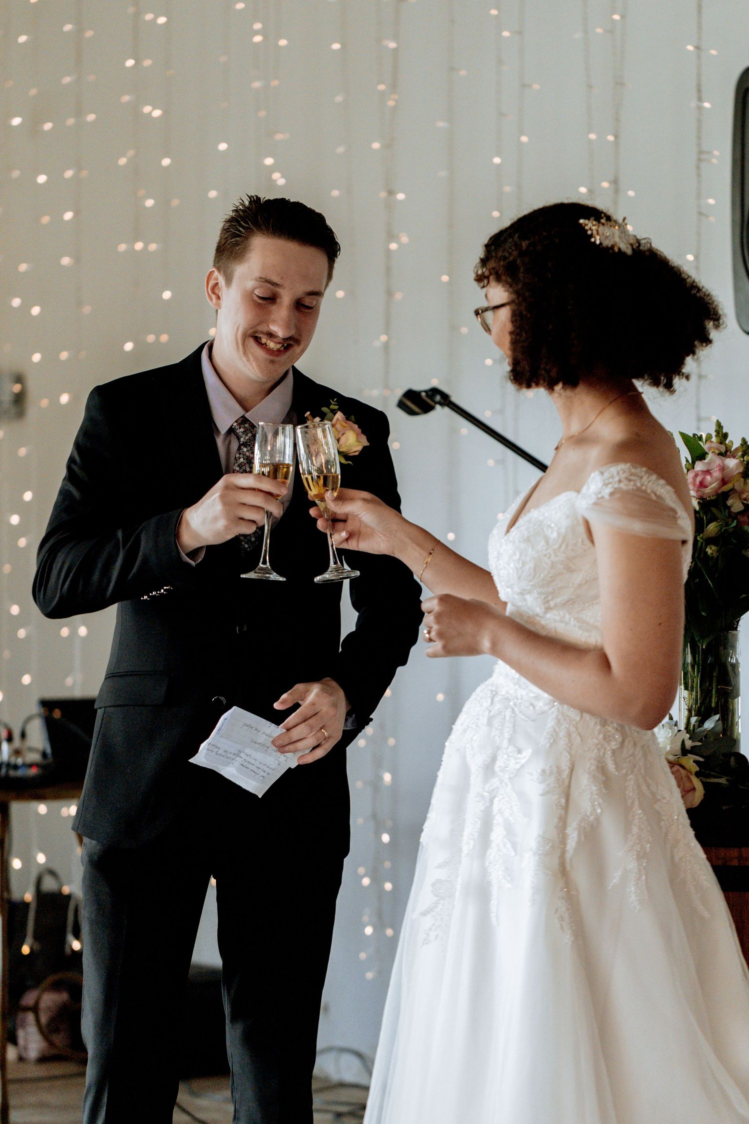 A romantic sequence of wedding photos showing a couple sharing champagne toasts during their reception celebration.