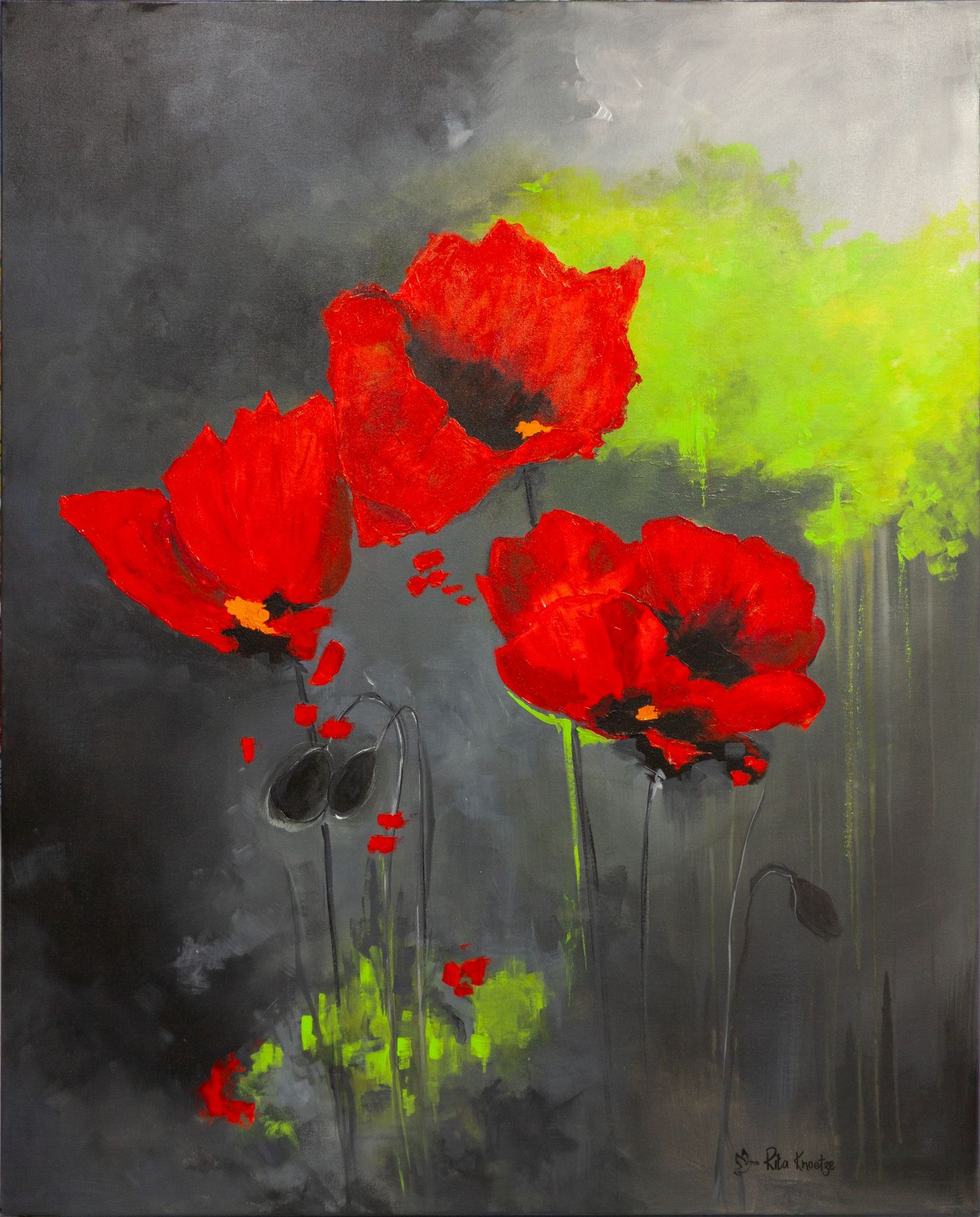 A series of artistic paintings showing vibrant red poppies against a moody dark grey background with neon green accents.