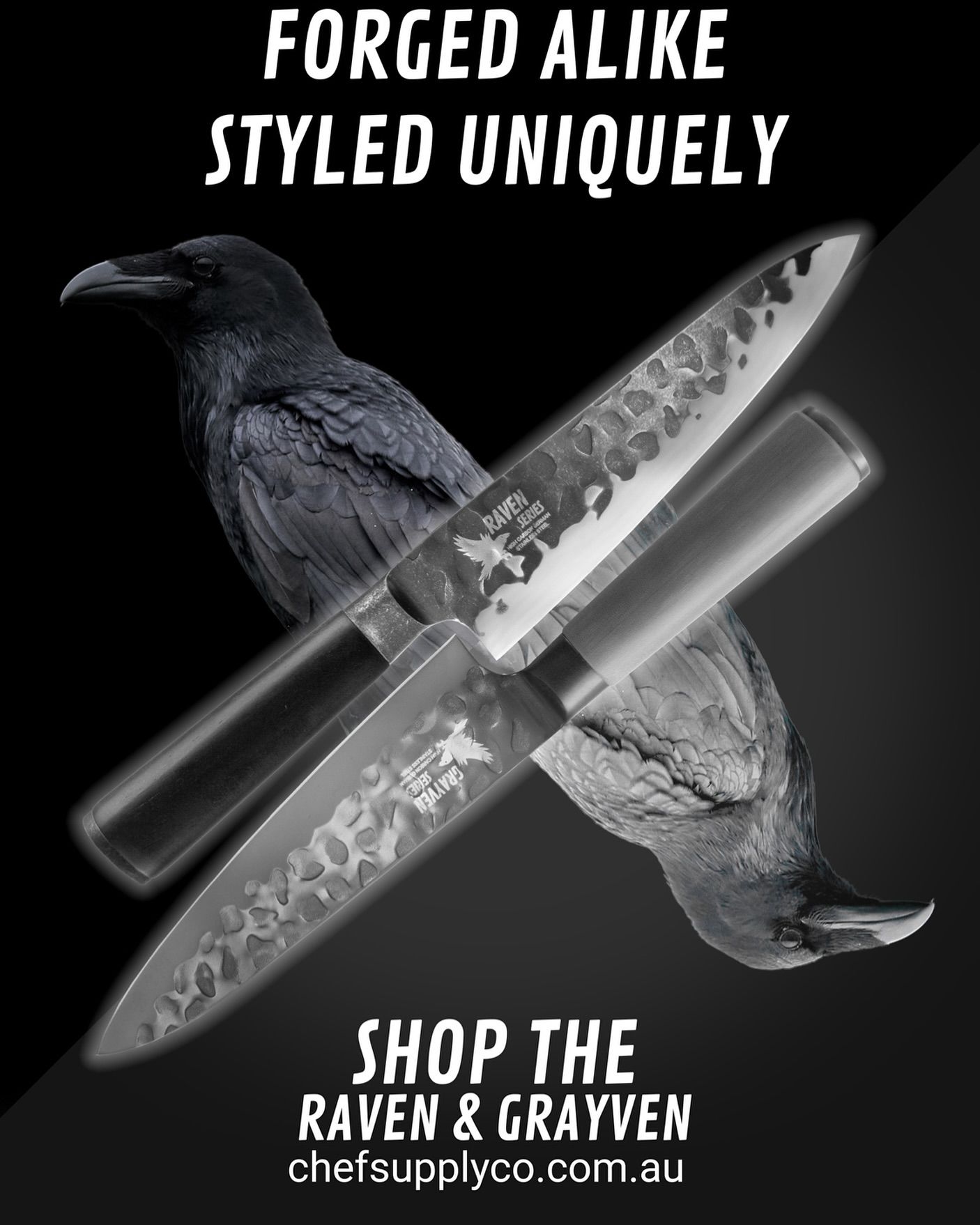 Black and white advertisement showing a raven and Damascus steel chef knife for Chef Supply Co Australia.