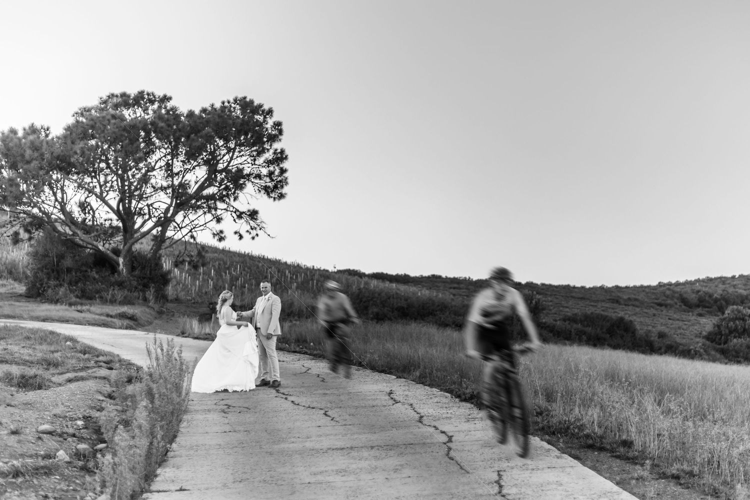 A series of black and white photographs showing people walking along a rural countryside path.