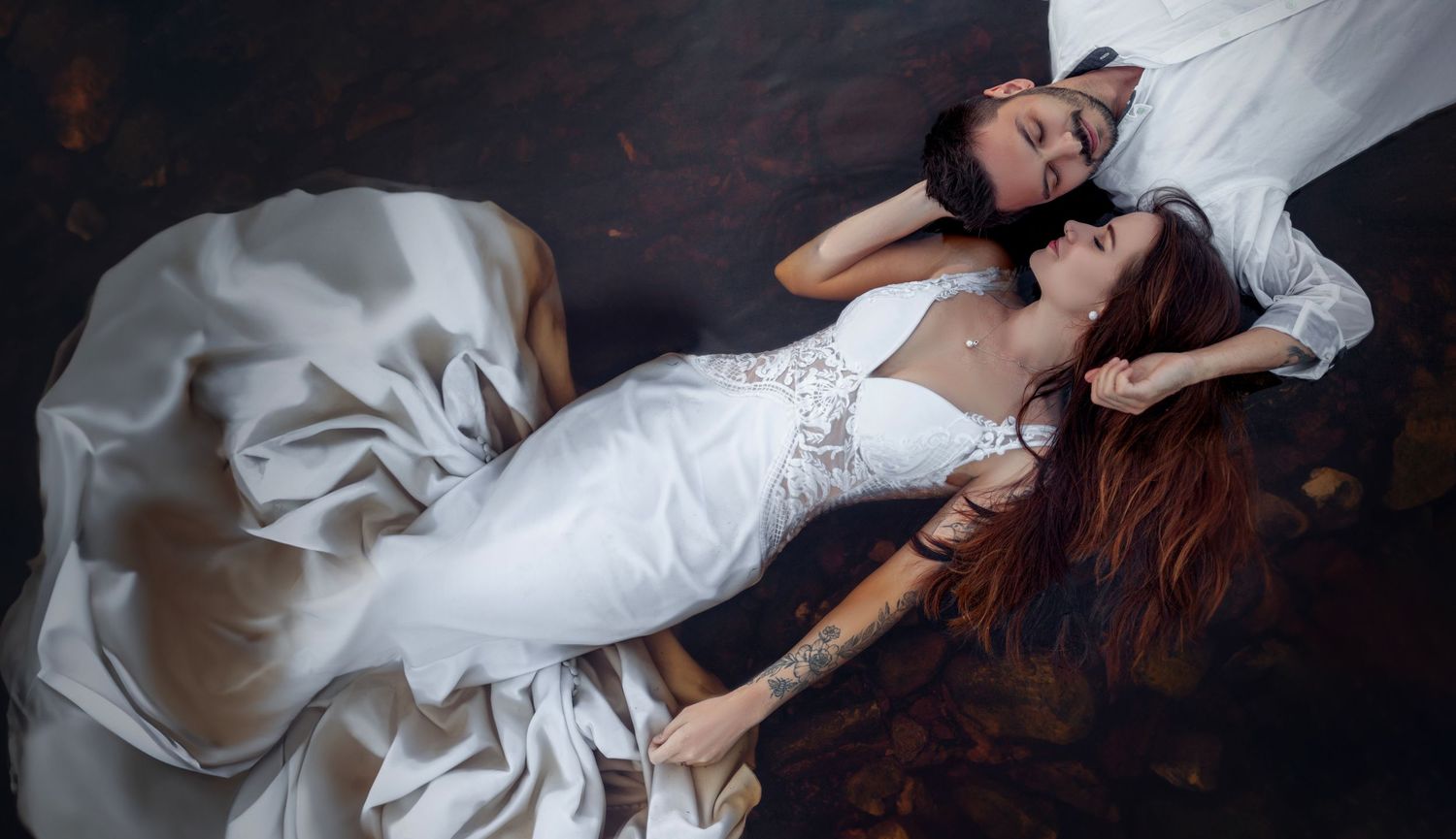 Romantic black and white wedding photography sequence showing couple in elegant poses with flowing white dress.