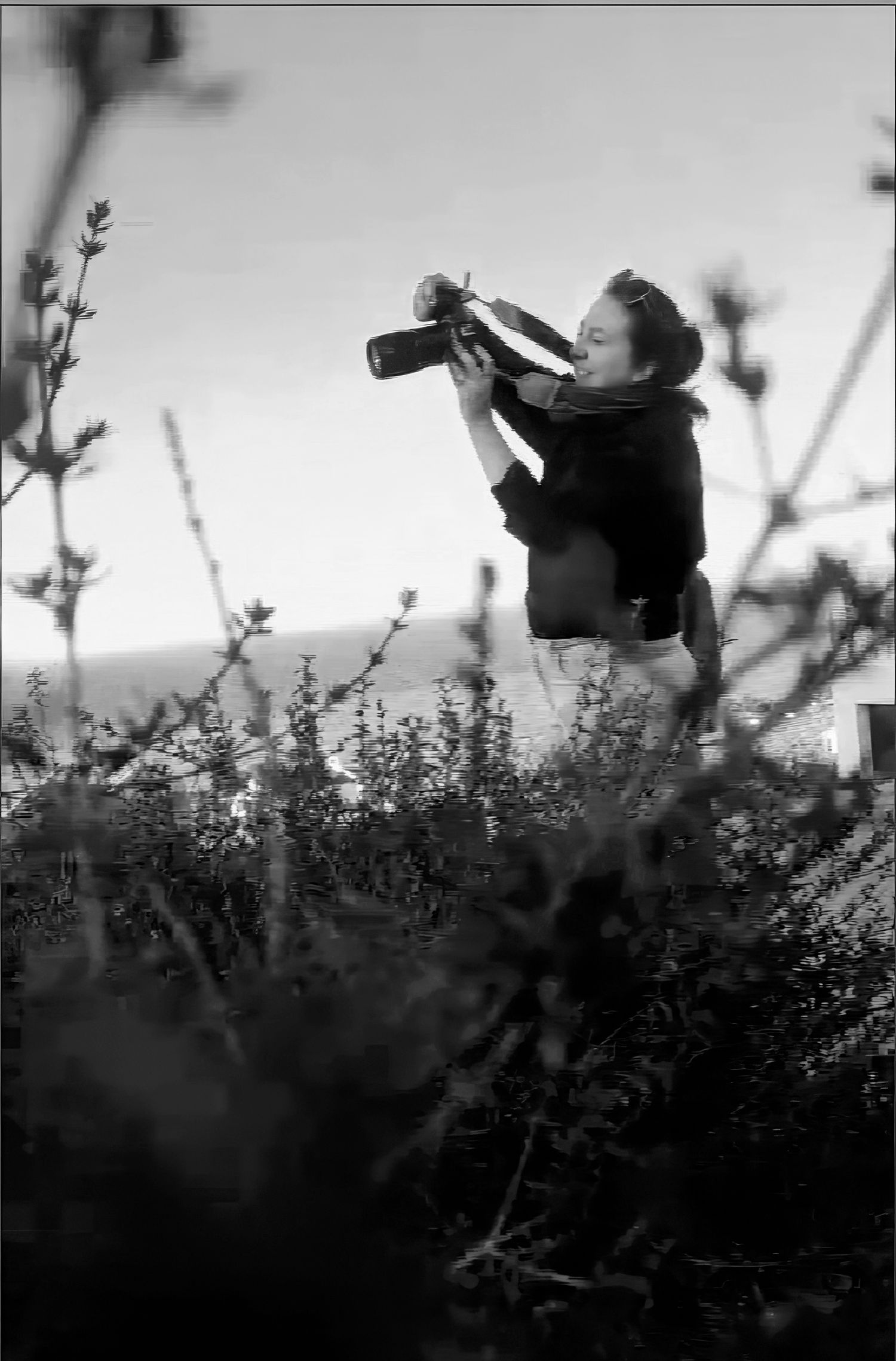Silhouetted figure in shadow takes photos of blooming bushes during dusk or sunset against a misty backdrop.