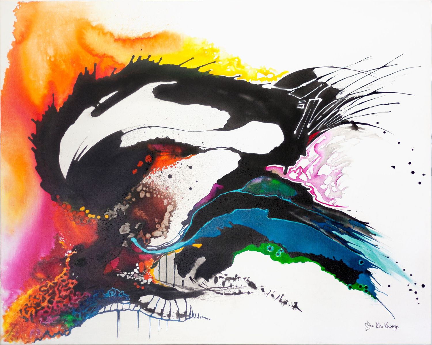 Abstract art series depicting vibrant splashes and silhouettes of birds in flight against white backgrounds with bold colors.