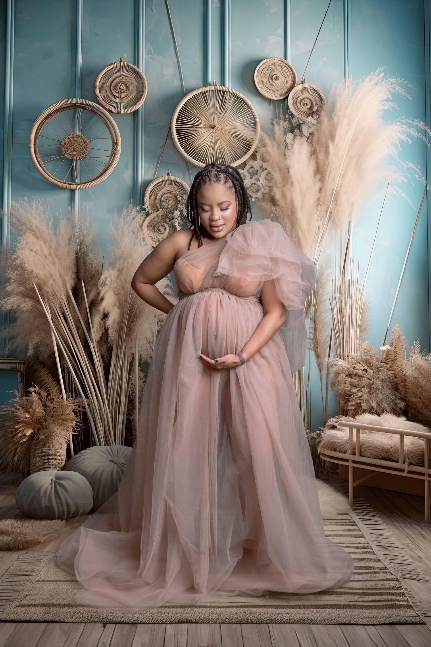A romantic maternity photoshoot in a dreamy setting with pampas grass and vintage decor against turquoise walls.