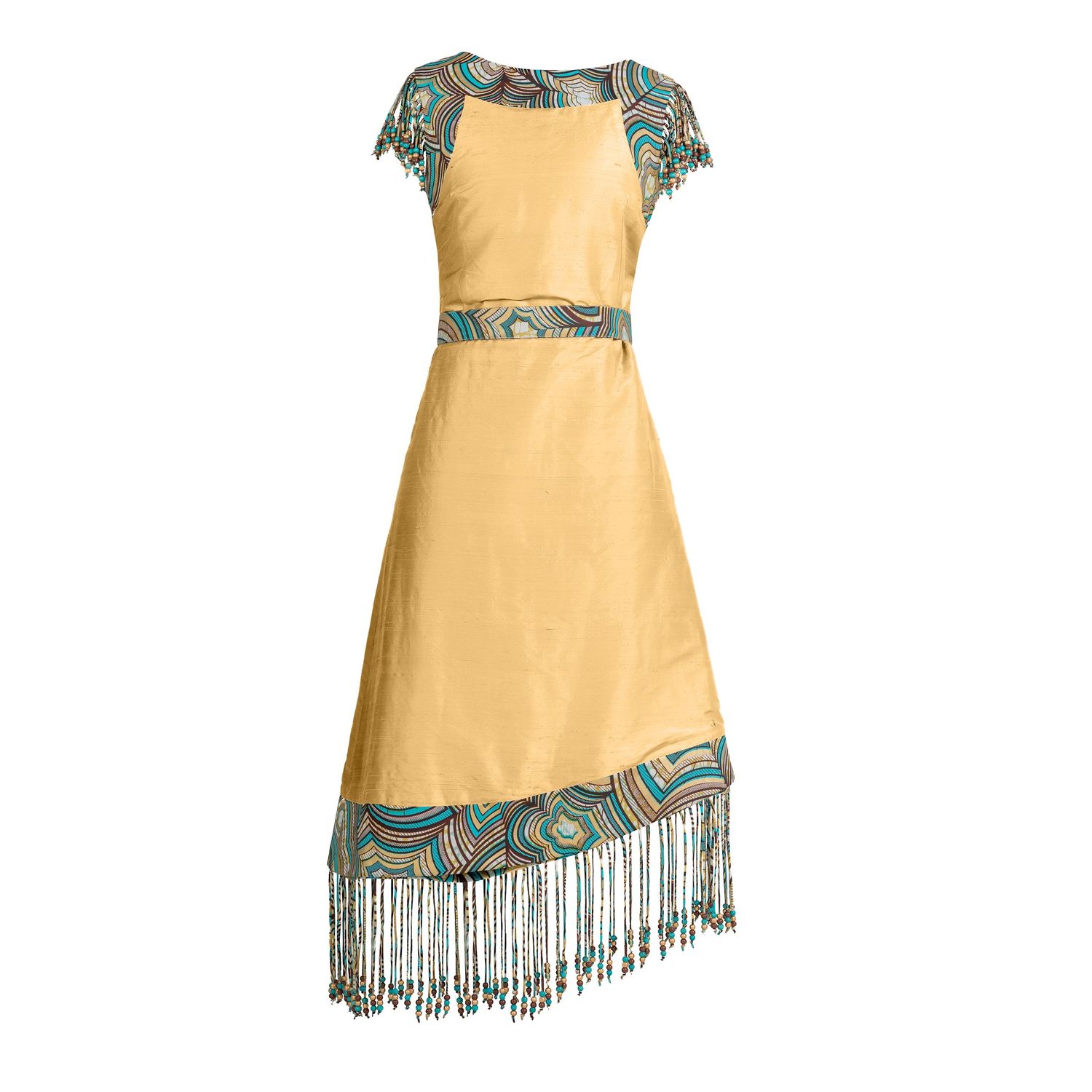 Yellow flapper-style dress with turquoise fringed trim and art deco beading details shown in four different angles.