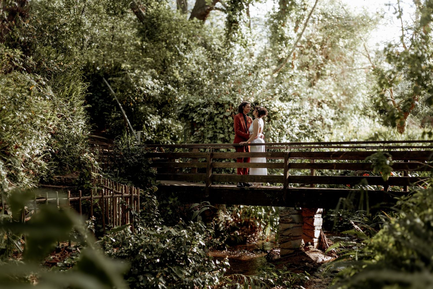 Rustic wooden footbridge spans across a peaceful stream amidst lush green foliage on a serene summer day.