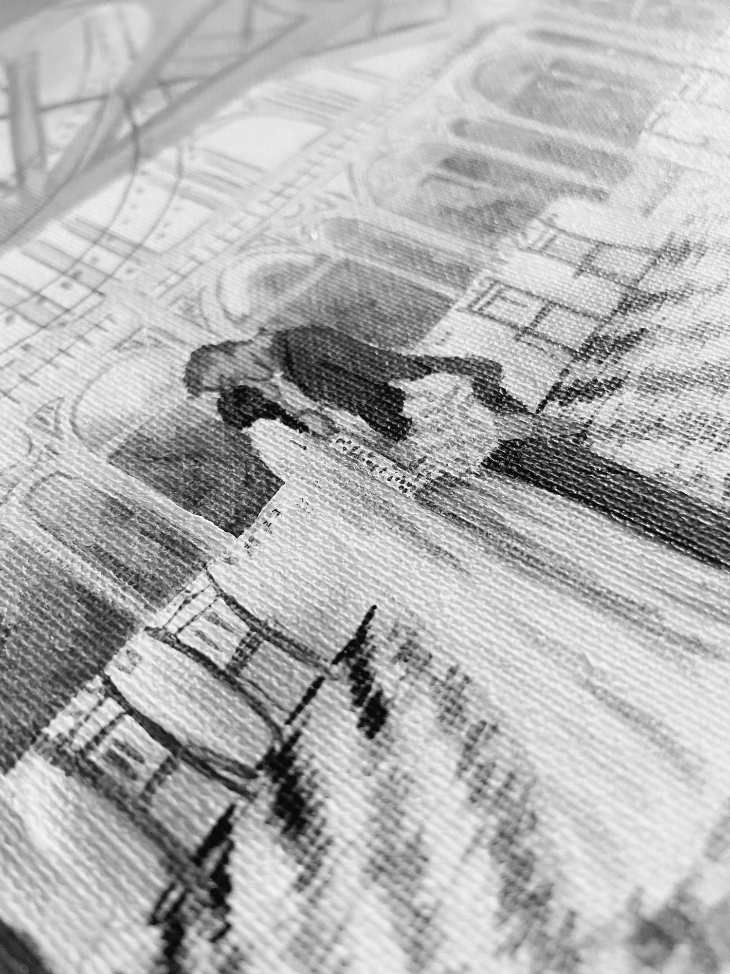 Black and white close-up photo of a detailed tapestry depicting a historical street scene with figures.